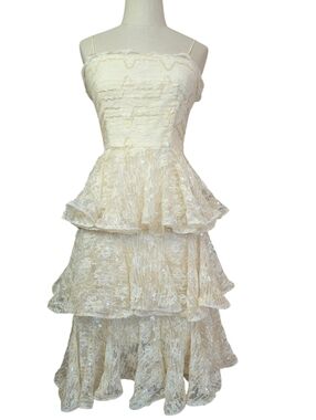 Vintage 80s After Five Tiered, Ruffled, Sequin & Lace Midi Dress. Size 8